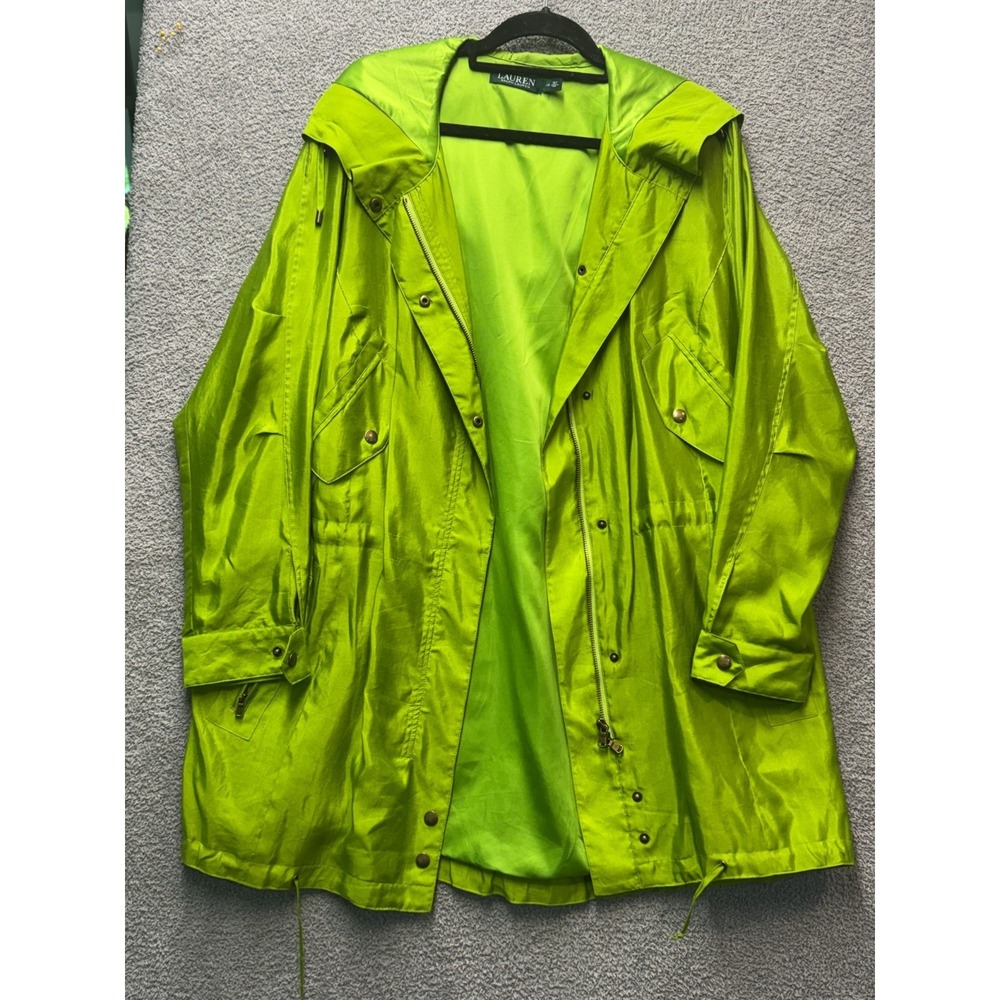Lauren Ralph Lauren Silk Jacket Women Plus 1X Lime Green Hooded Relaxed Y2K